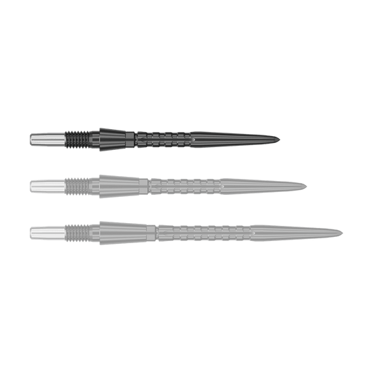 Pointes de fléchettes en acier Target Swiss Point Storm Surge - Noires Auf dem Bild sind drei schwarze Steeldartspitzen in unterschiedlichen Ansichten zu sehen. Sie sind lang, schlank und haben ein geriffeltes Muster zur besseren Griffigkeit.