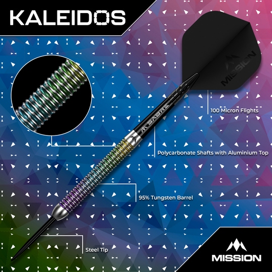 Das Bild zeigt die Mission Kaleidos Steeldarts. Die Darts sind in detailreicher Aufnahme abgebildet.