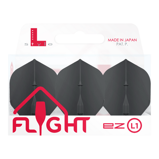Vols standard L-Style Champagne L1EZ Die Abbildung zeigt eine Packung mit L-Style Champagne L1EZ Standard Flights. In der Verpackung befinden sich drei schwarze Dartflights.
