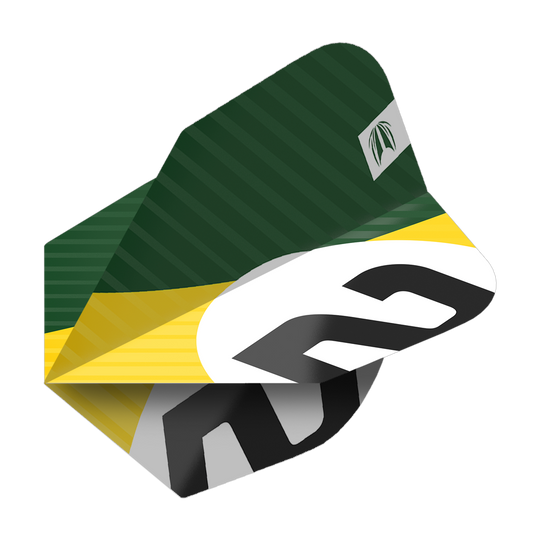 337208_Target_ProUltra_3Sets_Chicane_Green_No6_Flights_2AOLbByKyvOTVc Das Bild zeigt ein Dartflight mit einem grünen, gelben und weißen Design sowie der Nummer 6. Es handelt sich um das Produkt "Target Pro Ultra Chicane Green No6 Flights - 3 Sets".