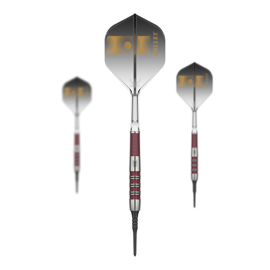 Fléchettes souples Target Stephen Bunting 95K - 19 g Auf dem Bild sind drei Softdarts des Modells „Target Stephen Bunting 95K“ mit einem Gewicht von 19g zu sehen. Die Darts haben schwarze Flights mit goldener Aufschrift und silber-rote Griffe.