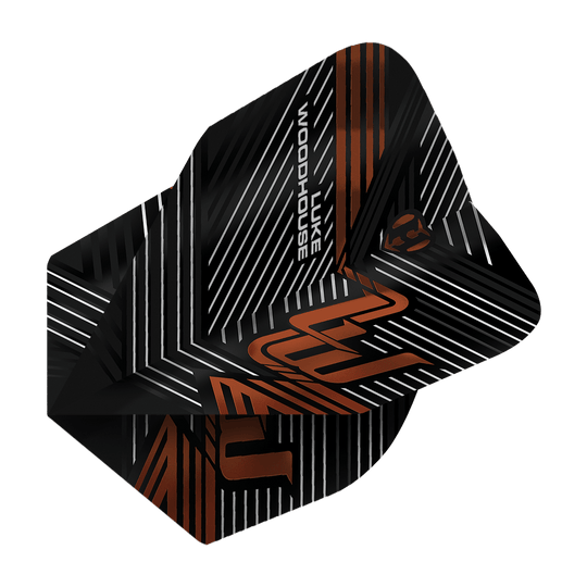 Vols de la saison 2 de Luke Woodhouse de Harrow Das Bild zeigt die Harrows Luke Woodhouse Series 2 Flights. Die Flights sind schwarz mit weißen und orangefarbenen Linien sowie dem Namen "Luke Woodhouse" darauf.