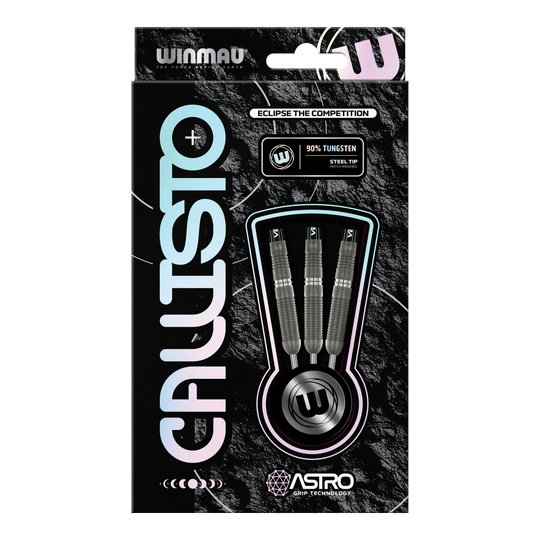 Fléchettes en acier Winmau Callisto 03 Das Bild zeigt eine Verpackung der "Winmau Callisto 03 Steeldarts". Drei Steeldarts mit 90% Tungsten und Astro Grip Technologie sind sichtbar durch ein Sichtfenster präsentiert.