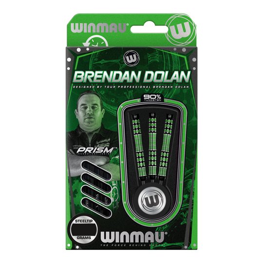 Fléchettes en acier Winmau Brendan Dolan Die Abbildung zeigt eine Verpackung der Winmau Brendan Dolan Steeldarts. In der Packung sind drei Darts mit schwarzem und grünem Design zu sehen.