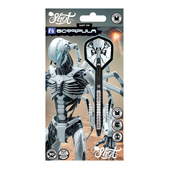 Fléchettes souples Shot AI Scorpula - 20 g Das Bild zeigt die Shot AI Scorpula Softdarts mit einem Gewicht von 20g. Die Darts sind detailliert und für das Softdart-Spiel konzipiert.