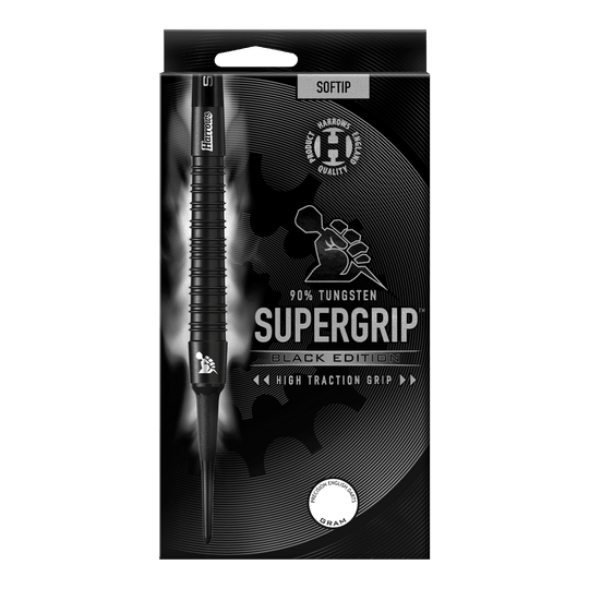 Fléchettes souples Harrows Supergrip Black Edition Das Bild zeigt die Verpackung der "Harrows Supergrip Black-Edition Softdarts". Die Darts bestehen zu 90 % aus Tungsten und haben eine hohe Griffigkeit.
