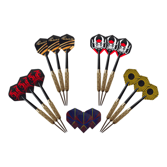 Fléchettes en acier McDart Golden Star - 12 fléchettes / 18 grammes McDart Golden Star Steeldarts - 12 Darts mit 18 Gramm sind auf diesem Bild zu sehen. Das Bild zeigt eine Auswahl von zwölf goldfarbenen Steeldarts.