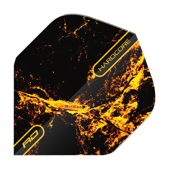 Dieses Bild zeigt das Produkt "Red Dragon Hardcore Radical Golden Strike Standard Flights". Das Design ist überwiegend schwarz mit gold-gelben, feurigen Mustern und der Aufschrift "HARDCORE".