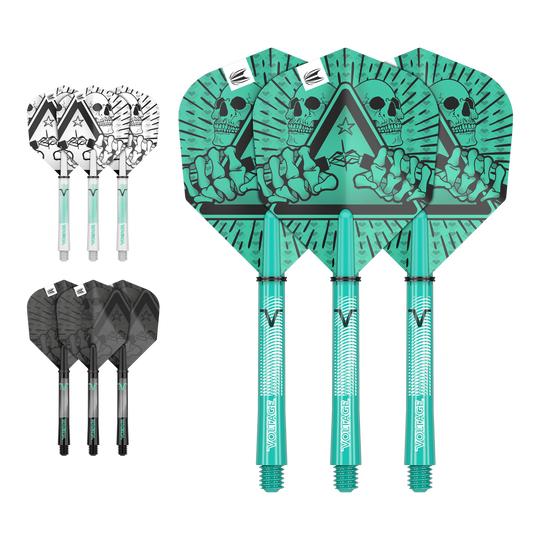 Kit de tige de vol Target Ink Rob Cross Das Bild zeigt drei Sätze von Dartflights und -schäften in unterschiedlichen Farben und Designs. Die größten Flights haben ein auffälliges grünes Motiv mit einem Totenkopf und einer Hand.