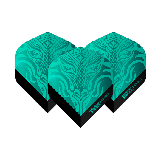 Vols standard Pentathlon HD150 Metallic Aqua Das Bild zeigt drei Dart-Flights des Produkts "Pentathlon HD150 Metallic Aqua Standard Flights". Sie sind in einer metallic-aqua Farbe mit einem auffälligen Muster gestaltet.