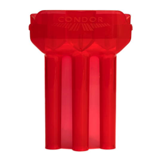 Das Bild zeigt ein rotes, durchsichtiges Dart-Etui der Marke Condor. Das Etui hat drei längliche Fächer für Dartpfeile.