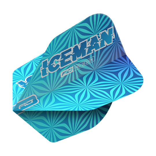 Red Dragon Gerwyn Price Iceman Blue No6 Vols Das Bild zeigt ein blaues Dart-Flight mit geometrischem Muster und der Aufschrift "ICEMAN". Es handelt sich um das Produkt "Red Dragon Gerwyn Price Iceman Blue No6 Flights".