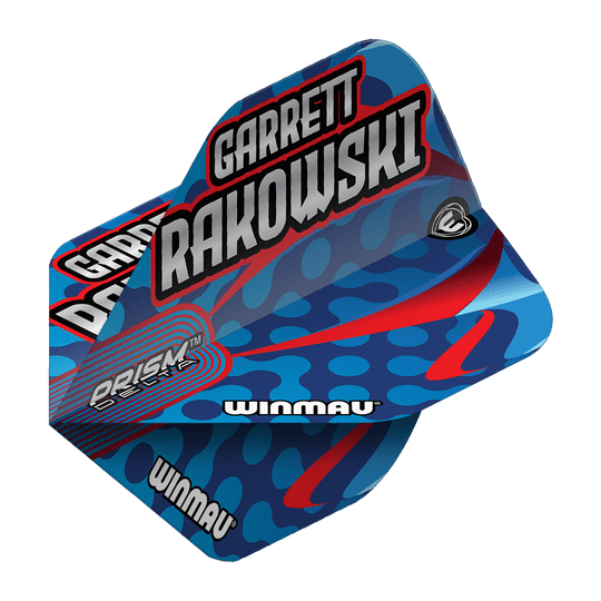 Auf dem Bild ist ein Winmau Prism Delta Garrett Rakowski Standard Flight zu sehen. Das Design ist blau mit roten und hellblauen Akzenten und trägt den Namen "Garrett Rakowski".