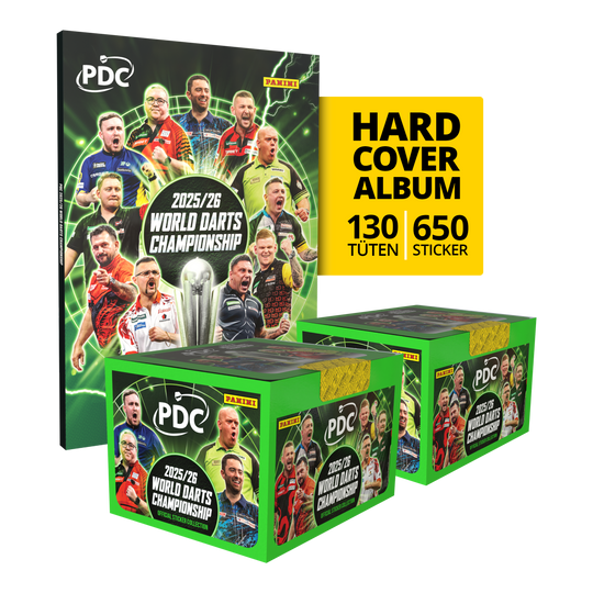 Championnat du monde de fléchettes PDC Panini 2025/26 - Coffret géant relié avec deux boîtes d'autocollants Abgebildet ist das Panini PDC World Darts Championship 2025/26 Hardcover Mega Bundle mit zwei Stickerboxen. Das Produkt eignet sich für Dart-Fans zum Sammeln und Tauschen.