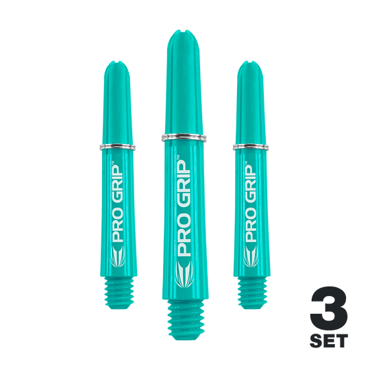 Tiges Target Pro Grip - 3 jeux - Aqua Auf dem Bild sind drei aqua-blaue Pro Grip Shafts für Darts zu sehen. In der rechten unteren Ecke steht "3 SET".