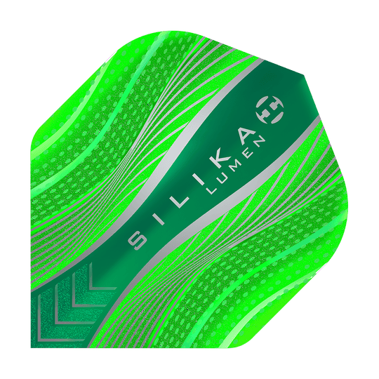 Das Bild zeigt ein grünes Dartflight mit dem Namen „Harrows Silika Lumen Green No2 Standard Flights“. Das Flight hat ein modernes Design mit leuchtenden grünen und silbernen Mustern sowie der Aufschrift „SILIKA LUMEN“.