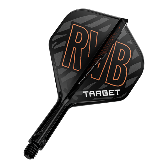 Système d'arbre de vol standard Target K-Flex Raymond Van Barneveld No2 Das Bild zeigt einen schwarzen Dartflight mit der Aufschrift "RVB" in orange. Darunter steht das Wort "TARGET" in weißen Buchstaben.