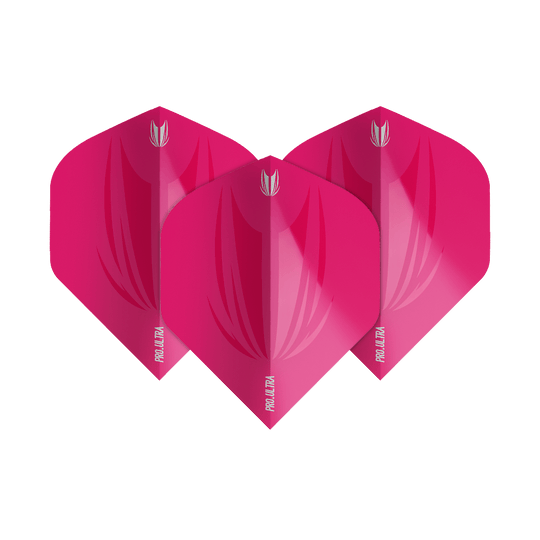 Das Bild zeigt drei pinkfarbene Dart-Flights des Modells "Target ProUltra ID Pink No2 Standard". Jeder Flight hat das Target-Logo und die Aufschrift "Pro Ultra" in weiß.