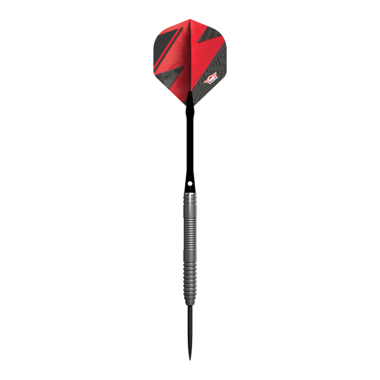 Fléchettes en acier rouge Bulls NL Lightning Das Bild zeigt einen Steeldart-Pfeil mit einem silbernen Griff und einer roten Flights. Der Pfeil trägt das Design und Logo der Marke Bulls NL Lightning Red.