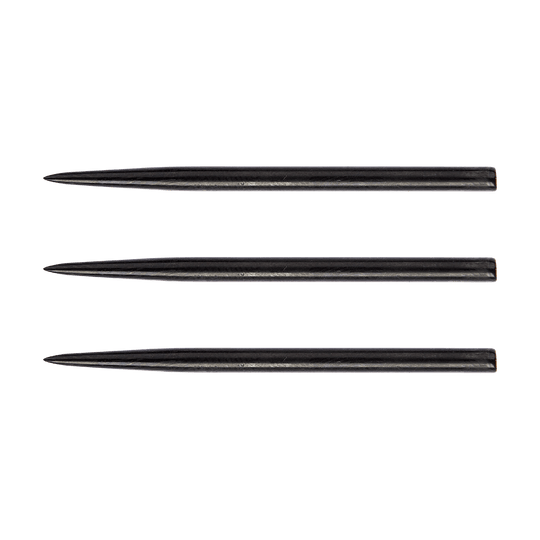 Das Bild zeigt drei Winmau Extra Long Black Effect Steeldart Spitzen mit einer Länge von 41mm. Die Spitzen sind schwarz und liegen nebeneinander.