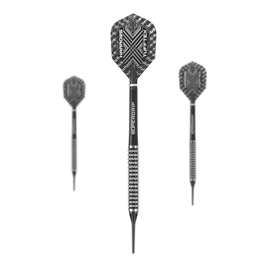 Fléchettes souples Harrows Nemesis Das Bild zeigt drei Harrows Nemesis Softdarts mit schwarzem und silbernem Design. Die Darts haben strukturierte Griffe und auffällige Flights mit dem Schriftzug "Harrows TUFFTEX".