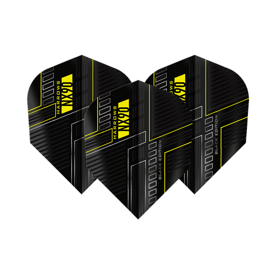 Vols Harrows NX90 Black Edition No6 Das Bild zeigt drei schwarze Dart-Flights mit dem Namen "Harrows NX90 Black-Edition No6". Die Flights haben ein modernes Design mit gelben Linien und Schriftzügen.