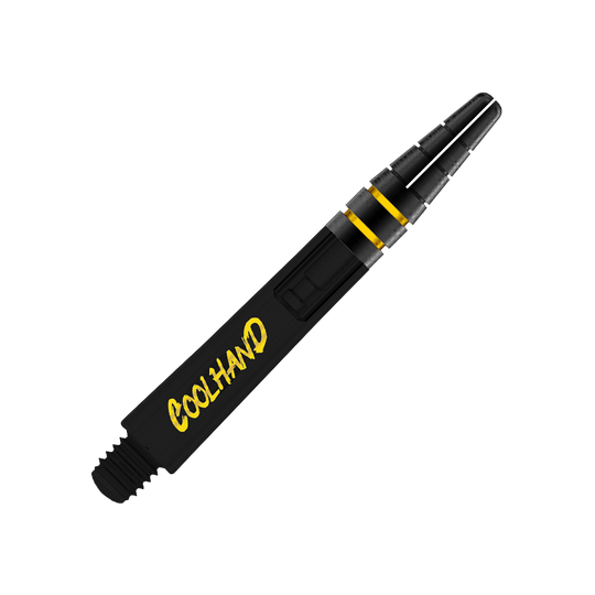 Tiges Red Dragon Nitrotech Luke Humphries Coolhand - Noires Das Bild zeigt einen schwarzen Dart-Schaft mit gelben Akzenten. Auf dem Schaft steht das Wort "COOLHAND" in gelber Schrift.