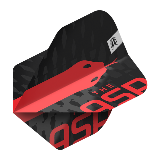 Ailettes Standard Target Pro Ultra Nathan Aspinall No2 - 3 jeux Das Bild zeigt ein Dart-Flight mit einem schwarzen und roten Design sowie der Aufschrift „THE ASP“. Auf dem Flight ist eine stilisierte rote Schlange abgebildet.