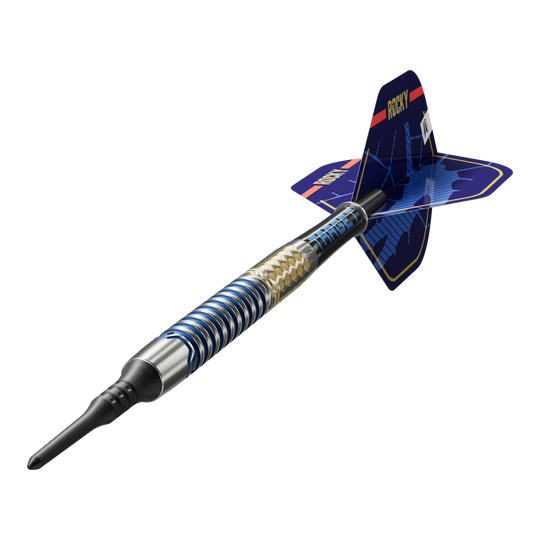 Fléchettes souples Target Josh Rock GEN1 - 20 g Das Bild zeigt einen Target Josh Rock GEN1 Softdart mit einem Gewicht von 20g. Der Dart hat ein modernes, blau-silbernes Design mit auffälligen Flügeln.