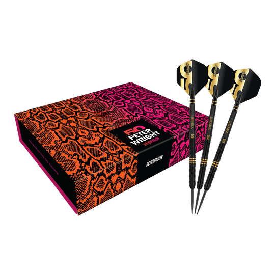Fléchettes en acier Red Dragon Peter Wright, édition limitée 50 ans de carrière - 21 g Red Dragon Peter Wright 50 Years Player Limited Edition Steeldarts - 21g. Das Bild präsentiert den limitierten Steeldartpfeil als vollständiges Set.
