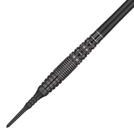 Fléchettes souples Target Japan Black Marque Phantom - 18 g Dies ist ein schwarzer Softdart namens "Target Japan Black Marque Phantom Softdarts - 18g". Der Dart hat ein auffälliges, geometrisch gemustertes Barrel-Design.