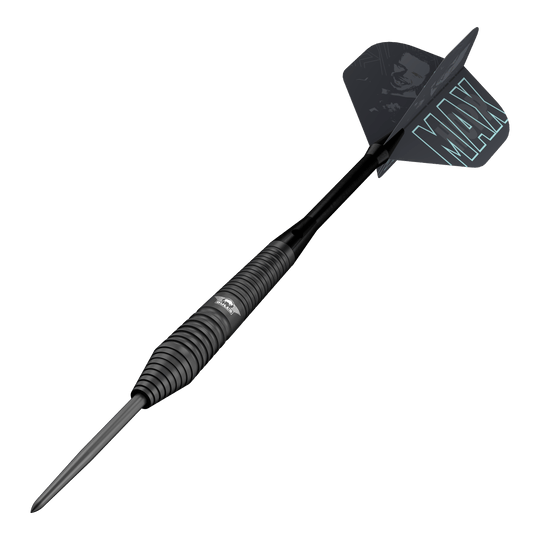 Auf diesem Bild sind die Bulls NL Max Hopp Black Steeldarts abgebildet. Diese Darts sind speziell für anspruchsvolle Spieler entwickelt.