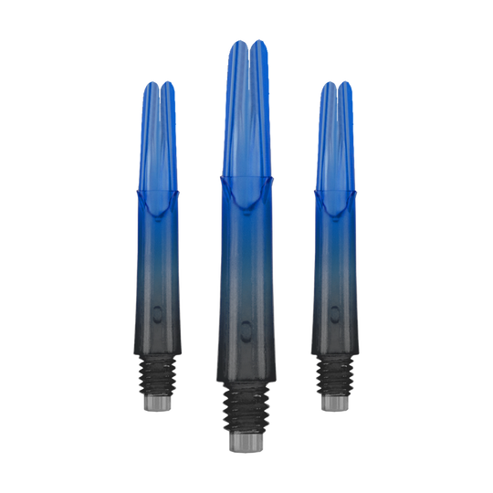 Tige en L verrouillée droite Natural9 bicolore - Bleu Das Bild zeigt drei gerade Dartschäfte mit einem Farbverlauf von Schwarz zu Blau. Sie haben Gewinde am unteren Ende und sind ohne Kappen abgebildet.