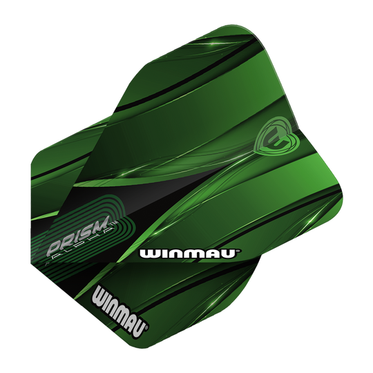 Vols standard verts Winmau Alpha Sniper Das Bild zeigt das Produkt "Winmau Alpha Sniper Green Standard Flights". Die Dart-Flights sind grün mit schwarzen und weißen Akzenten gestaltet und tragen den Schriftzug "WINMAU".