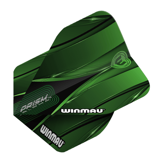Vols standard verts Winmau Alpha Sniper Abgebildet sind Winmau Alpha Sniper Green Standard Flights einzeln und aus einer anderen Perspektive. Die Kanten und das Design sind gut sichtbar.