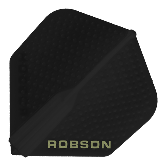 Volants Robson Plus Dimple - Noir Dieses Bild zeigt ein schwarzes Dart-Flight mit dem Namen "Robson Plus Dimple Flights - Schwarz". Auf dem Flight steht am unteren Rand das Wort "ROBSON" in hellen Buchstaben.