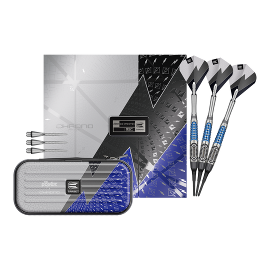 Hier sieht man die Target Phil Taylor Power X Chrono Softdarts. Die Softdarts sind vollständig dargestellt und zeigen das gesamte Set.