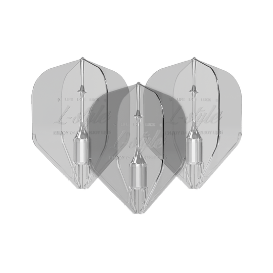 Vols Fantom L1EZ de style L clairs Das Bild zeigt drei transparente Dartflights des Modells "L-Style Fantom L1EZ Flights Clear". Die Flights sind klar und haben eine klassische Pfeilform.