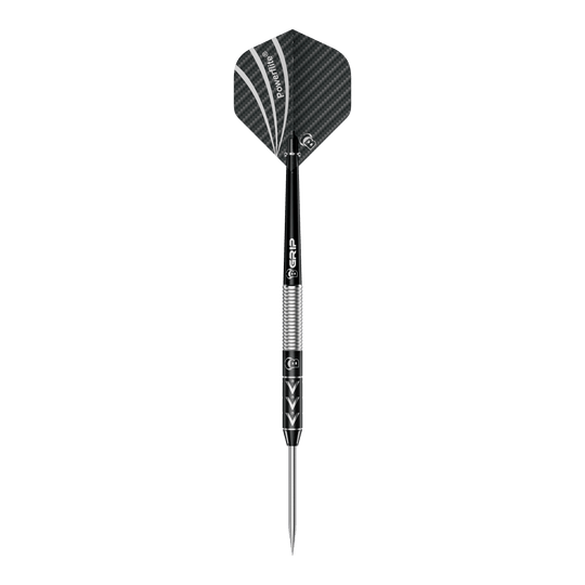 Fléchettes en acier Bulls Challenger Arno Merk - 22g Das Bild zeigt einen Steeldart namens "Bulls Challenger Arno Merk Steeldarts - 22g". Der Dartpfeil ist schwarz-silber und hat ein modernes Design mit strukturiertem Schaft und schwarzer Flight.