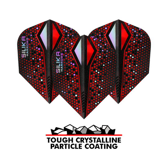 Revêtement cristallin résistant Harrows Silika Colourshift Red-X No6 Das Bild zeigt drei Dart-Flights der Marke Harrows Silika Colourshift in Rot und Schwarz mit bunten Punkten. Unter den Flights steht der Text „Tough Crystalline Particle Coating“ mit einer Grafik von kleinen Kristallen.