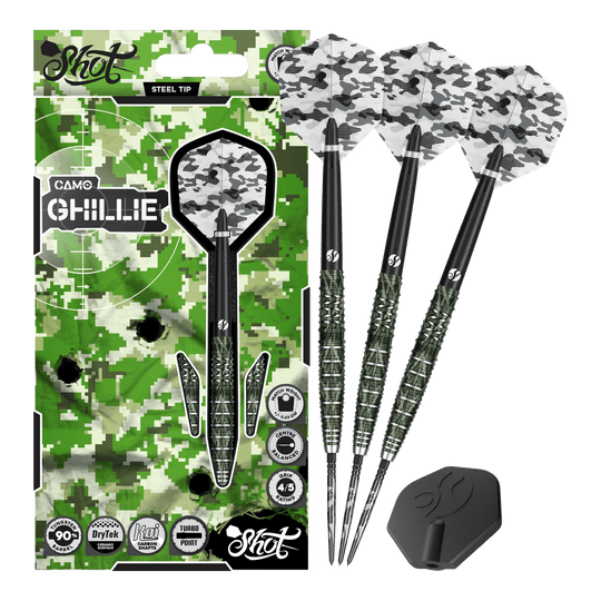 Shot Camo Ghillie Turbo Point Steeldarts mit 23 Gramm werden präsentiert. Die Steeldarts haben ein auffälliges Tarndesign.