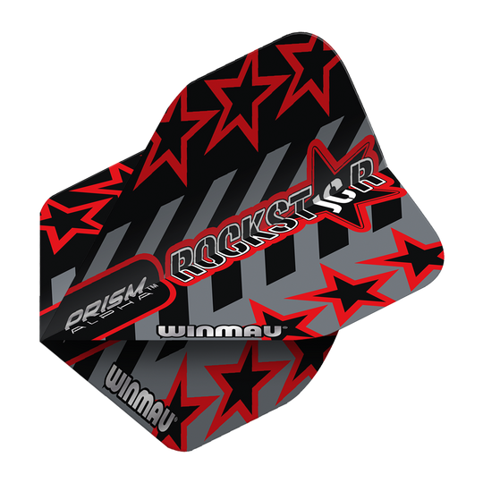 6915-713_Winmau_Prism_Alpha_Joe_Cullen_GreyBlack_Standard_Flights_2xy5UMFPFE9Hck Das Bild zeigt ein Dartflight mit dem Namen "Winmau Prism Alpha Joe Cullen GreyBlack Standard Flights". Das Design ist grau und schwarz mit roten Sternen und der Aufschrift "ROCKSTAR".