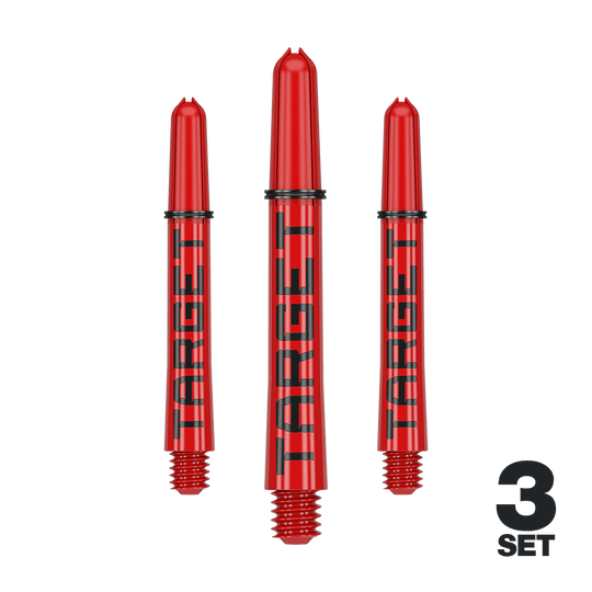 Tiges Target Pro Grip TAG - 3 jeux - Rouge Das Bild zeigt drei rote Dartschäfte mit der Aufschrift "TARGET". Unten rechts steht "3 SET", was auf ein Set mit drei Stück hinweist.