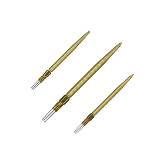Pointes de fléchettes Target Swiss Point Nano - Or Auf dem Bild sind drei goldfarbene Dartspitzen zu sehen. Sie haben eine feine Riffelung und ein silbernes Schraubgewinde am Ende.