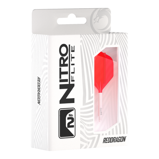 Ailettes Red Dragon Nitroflite - Tige blanche, ailettes rouges n°2 Das Bild stellt das Red Dragon Nitroflite Set mit weißen Schäften und roten Flights der Größe No2 dar. Das Zubehör unterstützt ein stabiles und genaues Wurferlebnis.