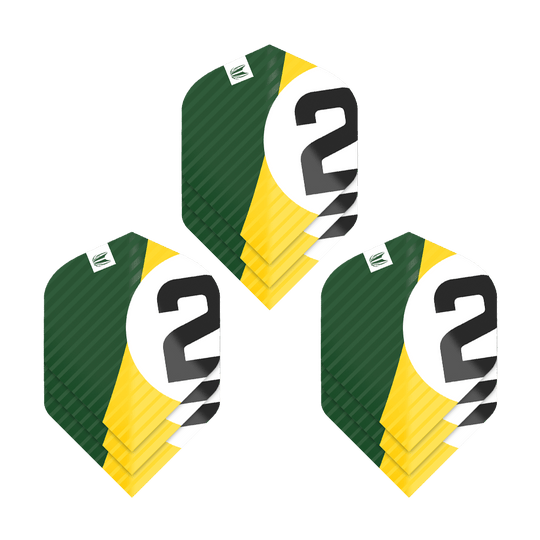 Das Bild zeigt drei Sätze Dartflights mit der Aufschrift „2“ in den Farben Grün, Gelb und Weiß. Die Flights sind vom Typ Target Pro Ultra Chicane Green No2 Standard.