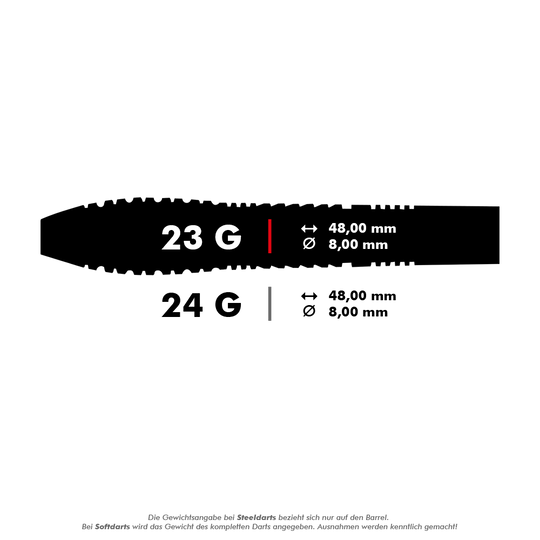 Fléchettes en acier Kestrel pour oiseaux de proie Das Bild zeigt die technischen Daten eines Steeldart-Barrels mit 23 Gramm Gewicht, 48 mm Länge und 8 mm Durchmesser. Darunter sind die Daten für ein 24-Gramm-Modell mit den gleichen Maßen aufgeführt.