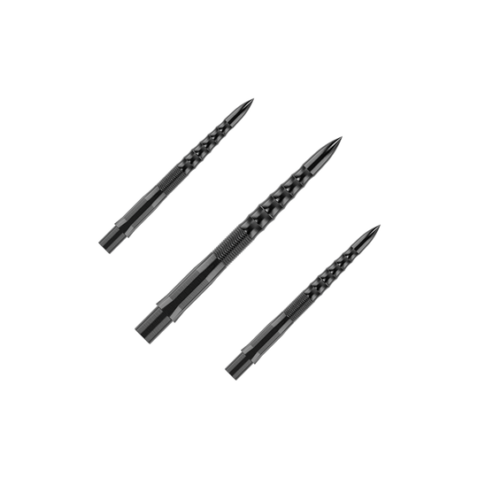 Embouts de fléchettes Mission Caliburn EVO - Ripple - Noir Auf dem Bild sind drei schwarze Steeldartspitzen mit einem geriffelten Muster zu sehen. Sie sind als Set angeordnet und haben eine Länge von 26 mm.