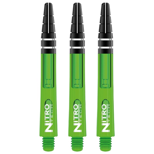 Das Bild zeigt drei grüne RedDragon Nitrotech Shafts. Sie sind für Dartpfeile und haben schwarze Spitzen.