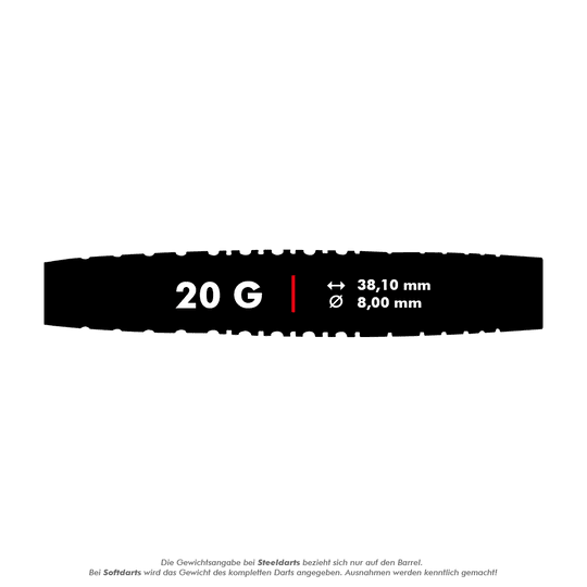 Fléchettes souples Red Dragon Rifle - 20 g Das Bild zeigt die Red Dragon Rifle Softdarts mit einem Gewicht von 20 Gramm. Die Maße sind 38,10 mm Länge und 8,00 mm Durchmesser.